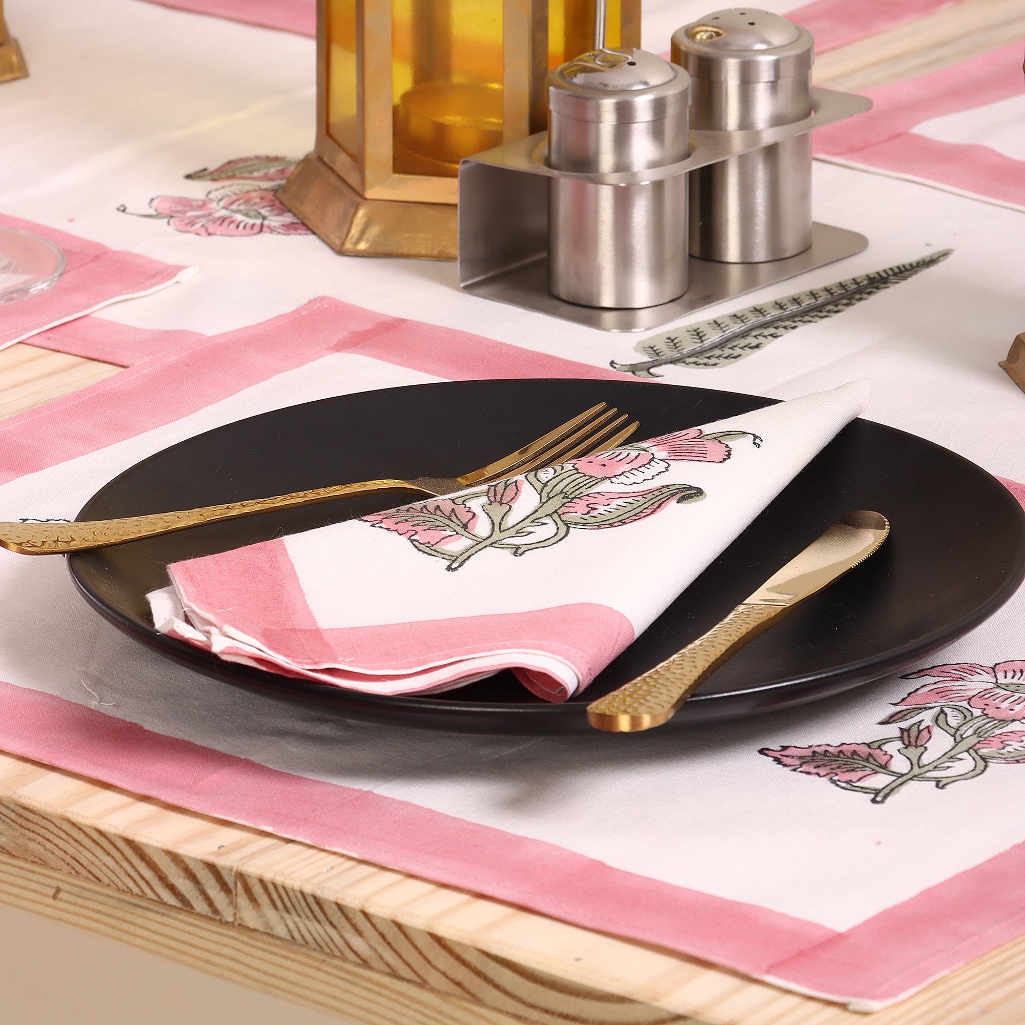 Pink Hand Block Printed Cotton Dining Table Mats And Runners